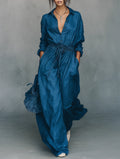 Women's Minimalist Linen-Blend Long-Sleeve Wide-Leg Jumpsuit With Drawstring Waist MDZ2056G4WY