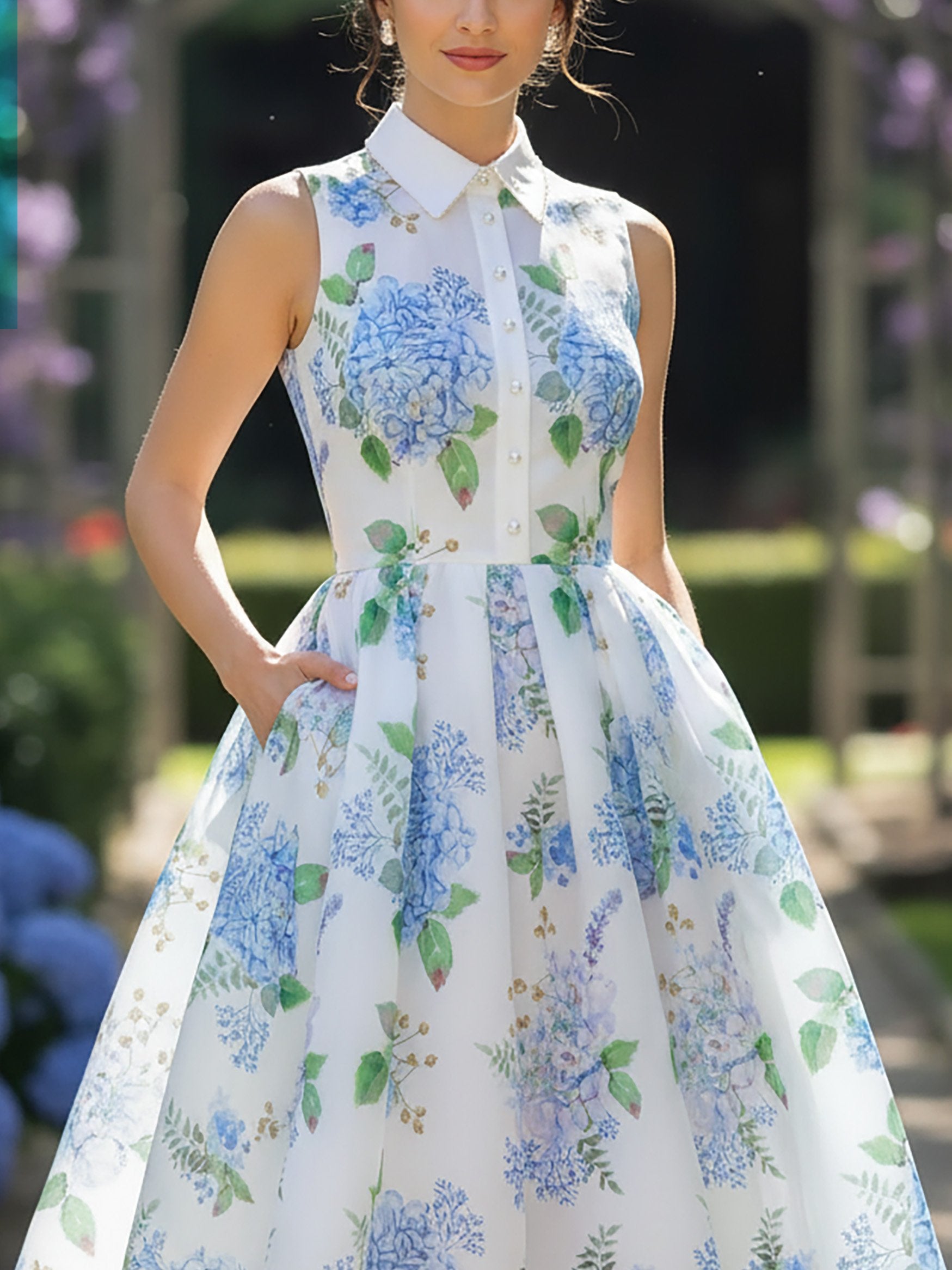 Maxi Cotton Dress, Sleeveless, Shawl Collar, Floral, Button Design, Vintage, Blue