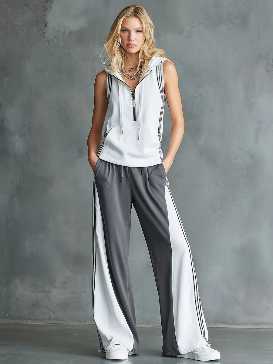 Casual Sporty Color-Block Hooded Sleeveless Top And Wide-Leg Pants Set