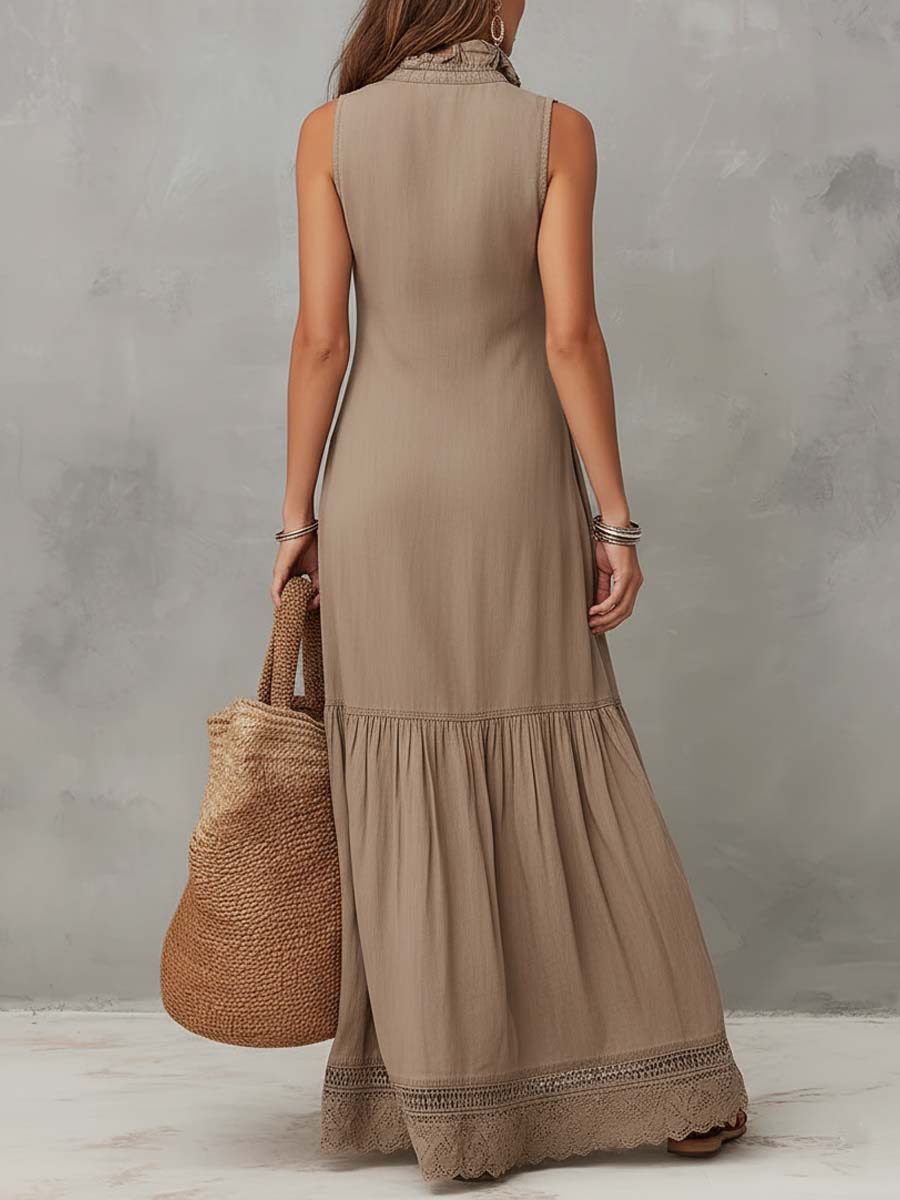 Classic Khaki Pure-Cotton Sleeveless Maxi Dress