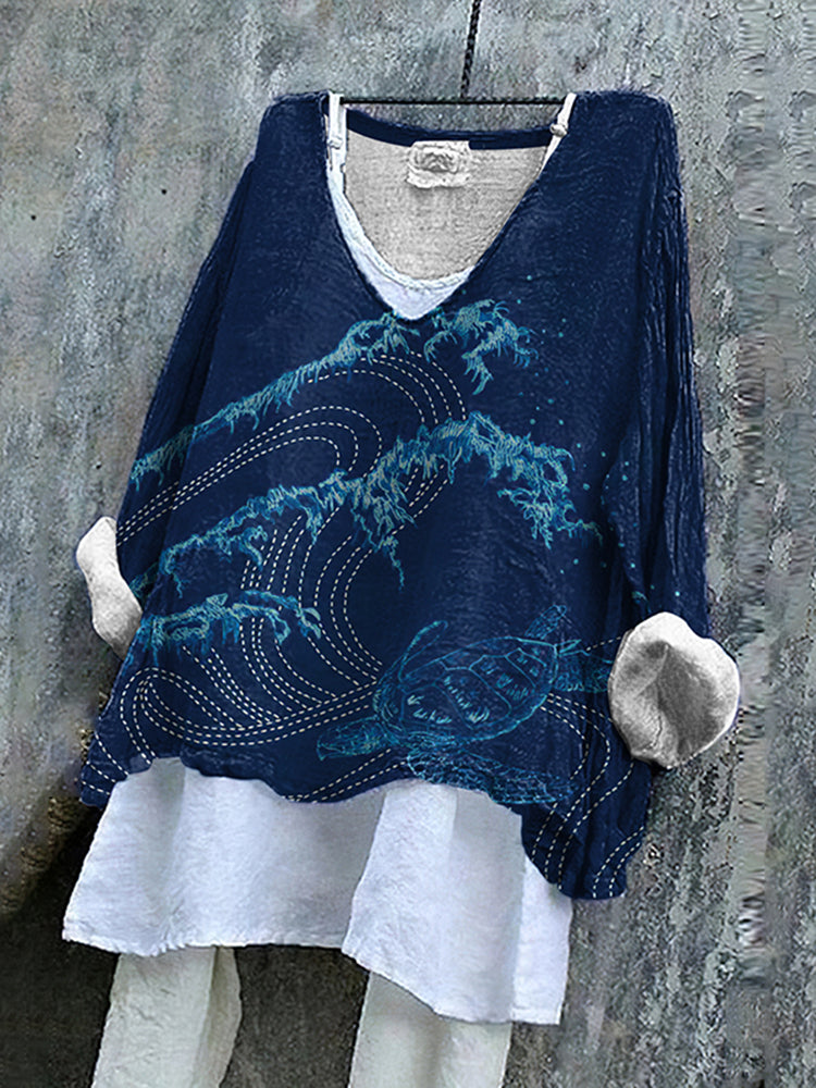 Turtle And Ocean Art Linen V-neck Shirt