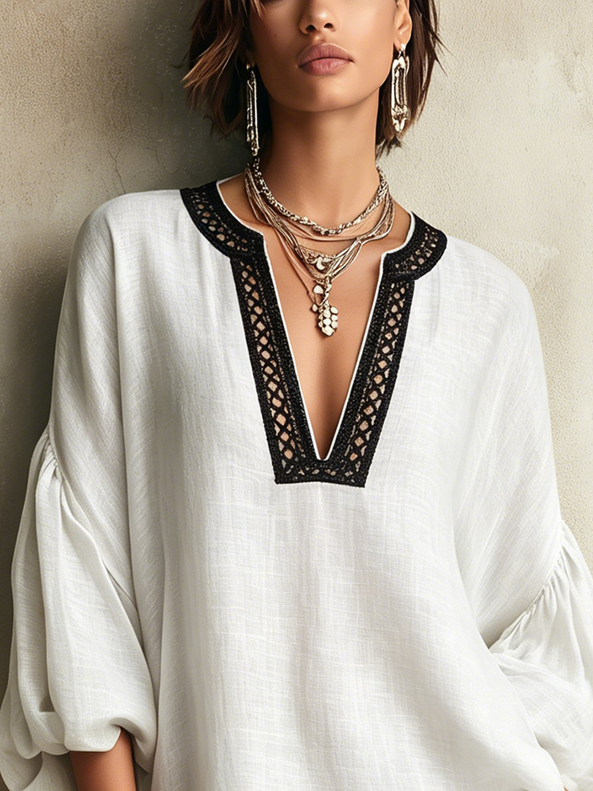 White Linen Mini Dress With Black Crochet Trim