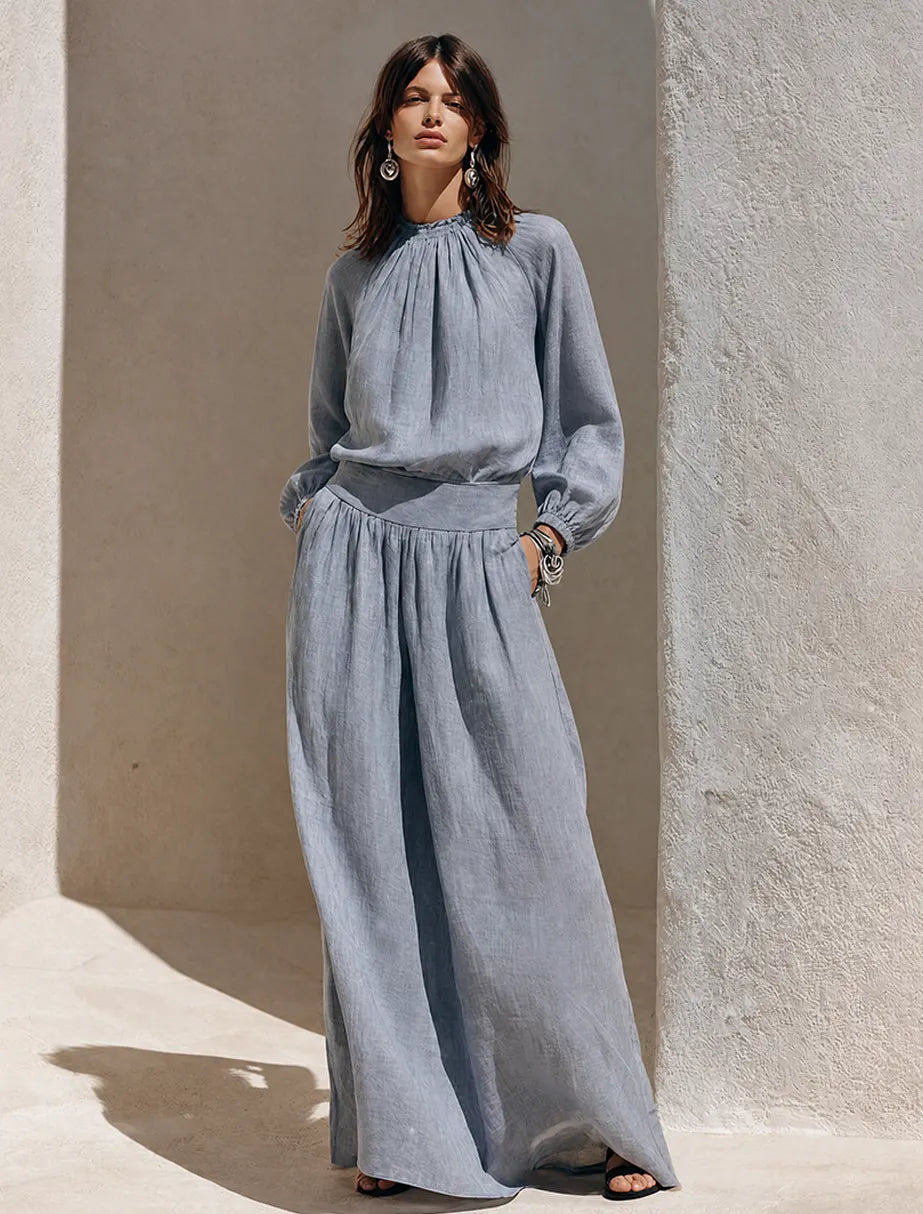 Women's Blue-Grey Solid Cotton-Linen Maxi Dress With Ruffled High Neck MDZ0858G7ZRK