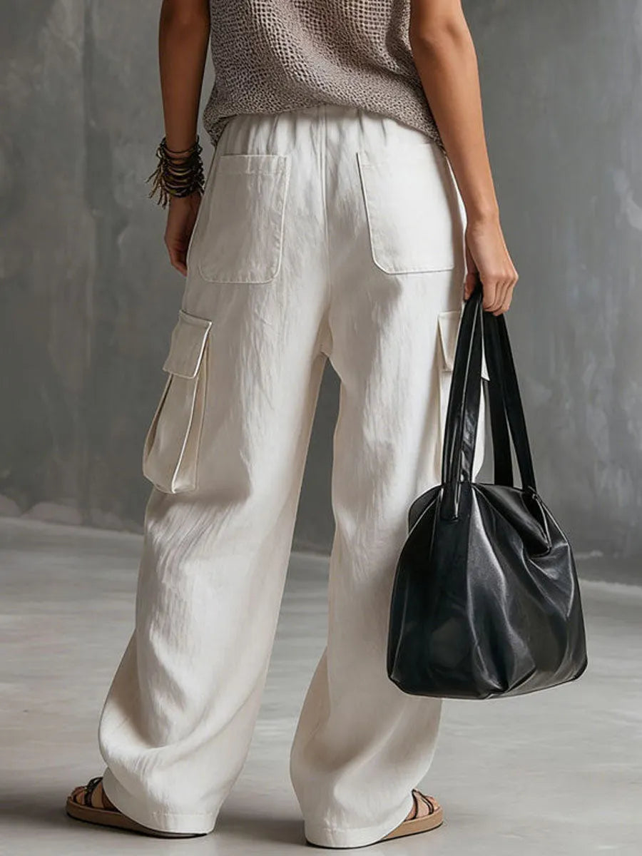 Casual Retro White Cotton And Linen Cargo Pants