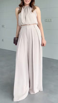 Beige Halter Neck Crop Top & Pleated Wide Leg Pants Set
