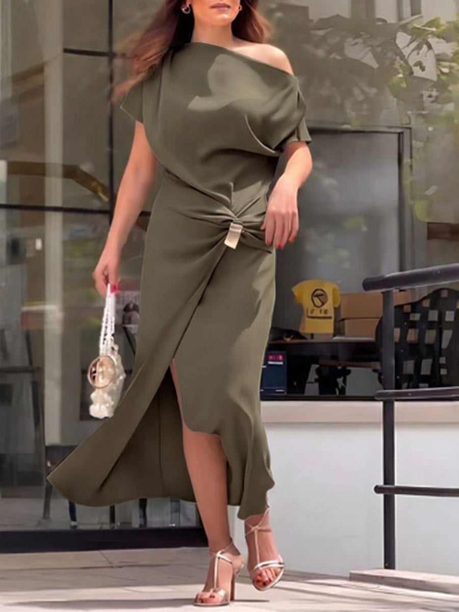 Women's Solid-color Off-shoulder Short-sleeve Casual Slim-fit Dress