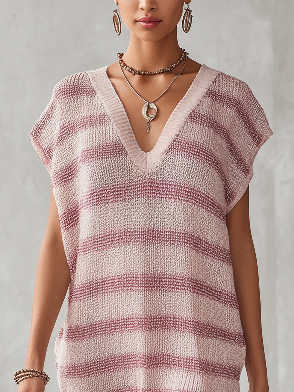 Blush Pink Striped V-Neck Knit Mini Sweater Dress