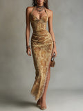 Retro Halter-neck Waist-pleated High-slit Slim-fit Maxi Dress