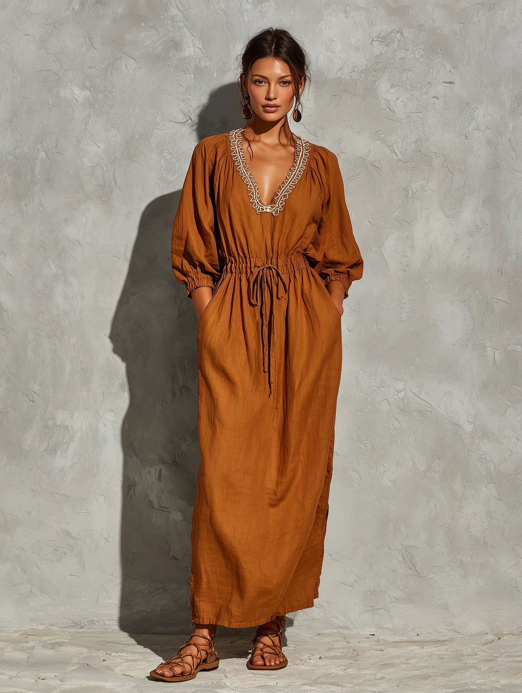 Women’s Rust Linen Blend White Contrast Embroidery V Neck Bubble Cuff Sleeve Drawstring Waist Midi Maxi Dress With Side Pockets MDZ0609G1YZJ