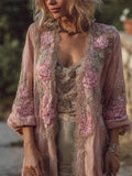Boho Pink Floral Glitter Embroidered Long Linen Cardigan