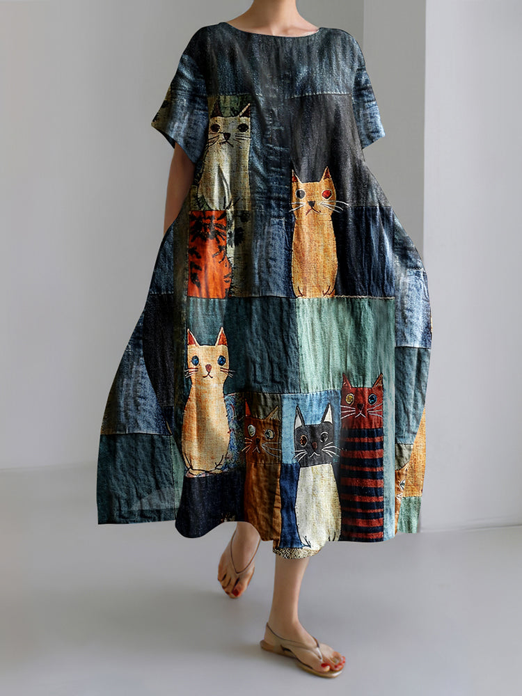 Casual Pop Cat Patchwork Cotton Linen Short Sleeve Dress