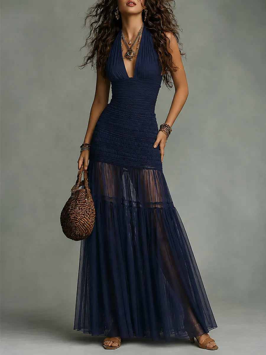 Boho-style Halter-neck Smocking Mesh Paneling Maxi Dress