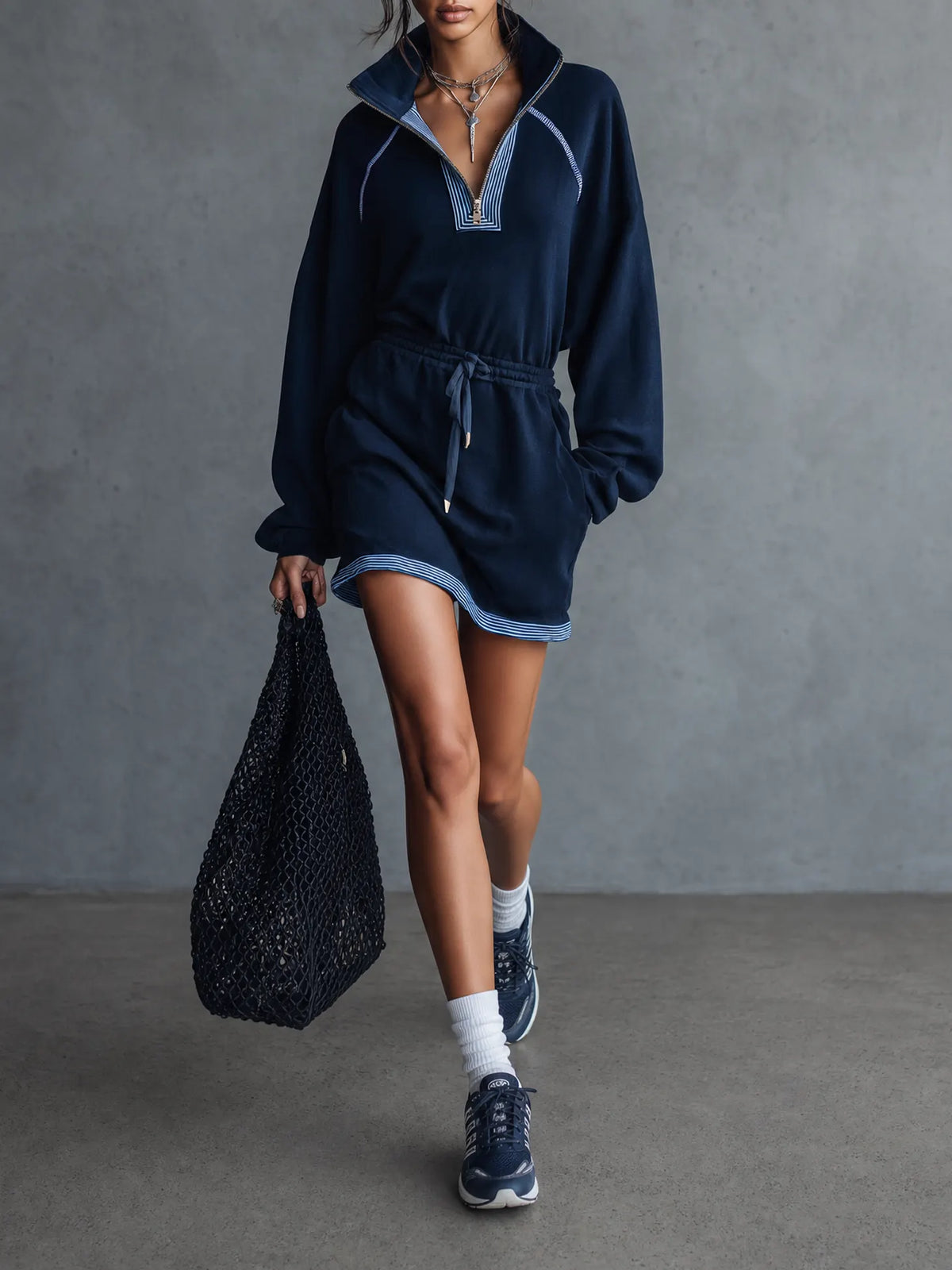 Women's Minimalist Casual Drawstring Long-Sleeve Zip-Neck Mini Sweatshirt Dress MDZ0955G6WY
