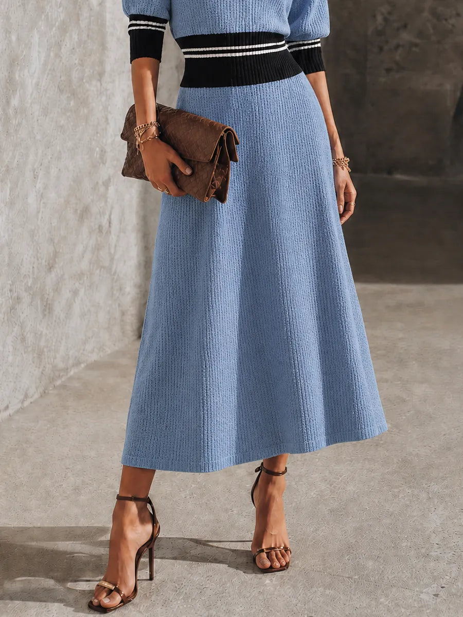 Women's Retro Elegant Powder Blue Knit Contrast Trim V-Neck Maxi Dress MDZ2106G8GMJ