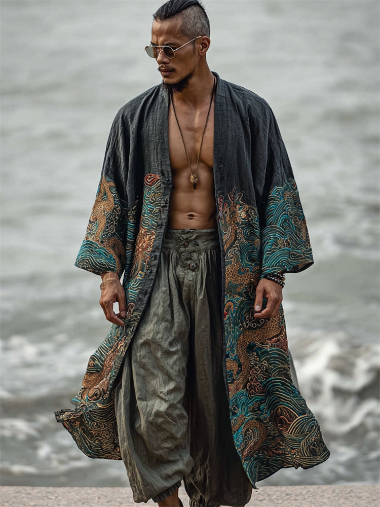 Men's Japanese Dragons Sea Waves Art Linen Long Kimono