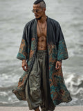 Men's Japanese Dragons Sea Waves Art Linen Long Kimono