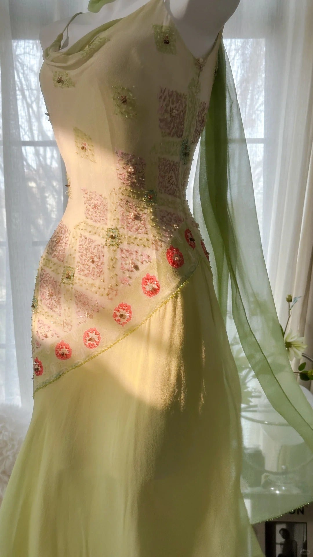Green Elegant Romantic Delicate Floral Beading Spaetti Strap Long Chiffon Homecoming Ball Gown Evening Dress Birthday/Wedding Guest/Holiday Party Dress Prom Dress 4024
