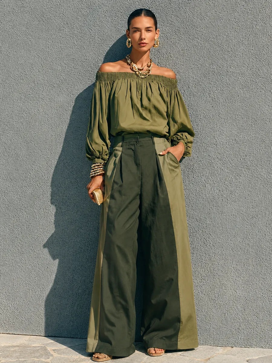 Women's Simple Casual Green Cotton Blend Color Block Wide Leg Pants MDZ0291G6GMJ