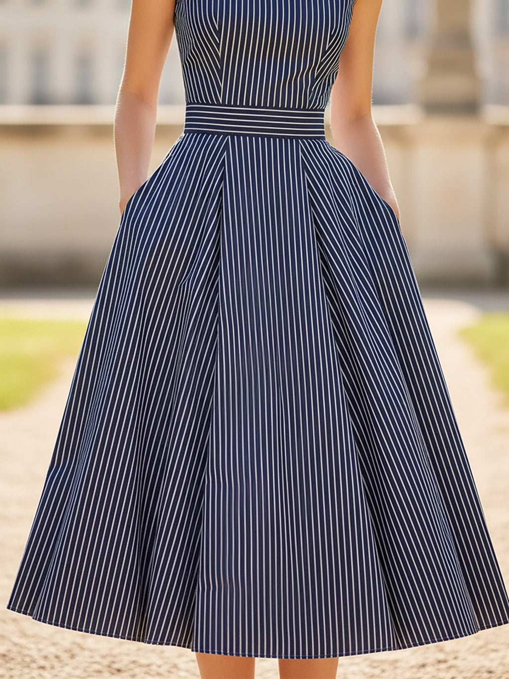 Midi Cotton Dress, Sleeveless, Round Neck, Striped, Bow, French Vintage, Blue