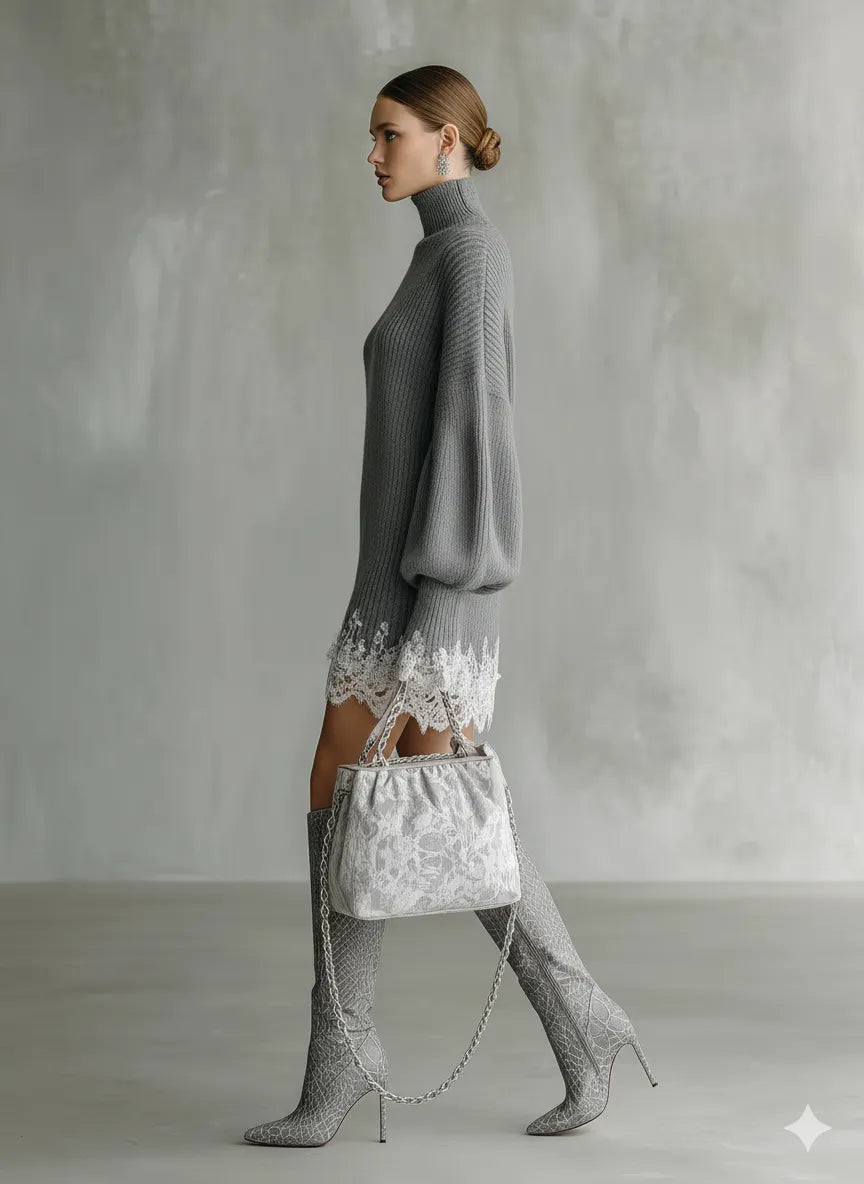 Women's Grey Knitted White Lace Turtleneck Comfortable Mini Dress MDA1157J5T