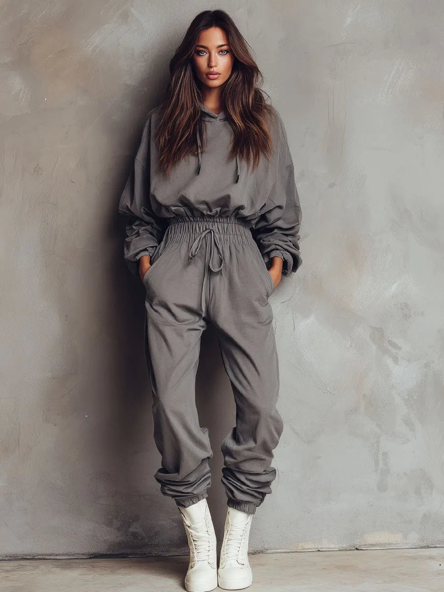 Loose Grey Hooded Long-sleeved Elastic Waist Sports Jumpsuit