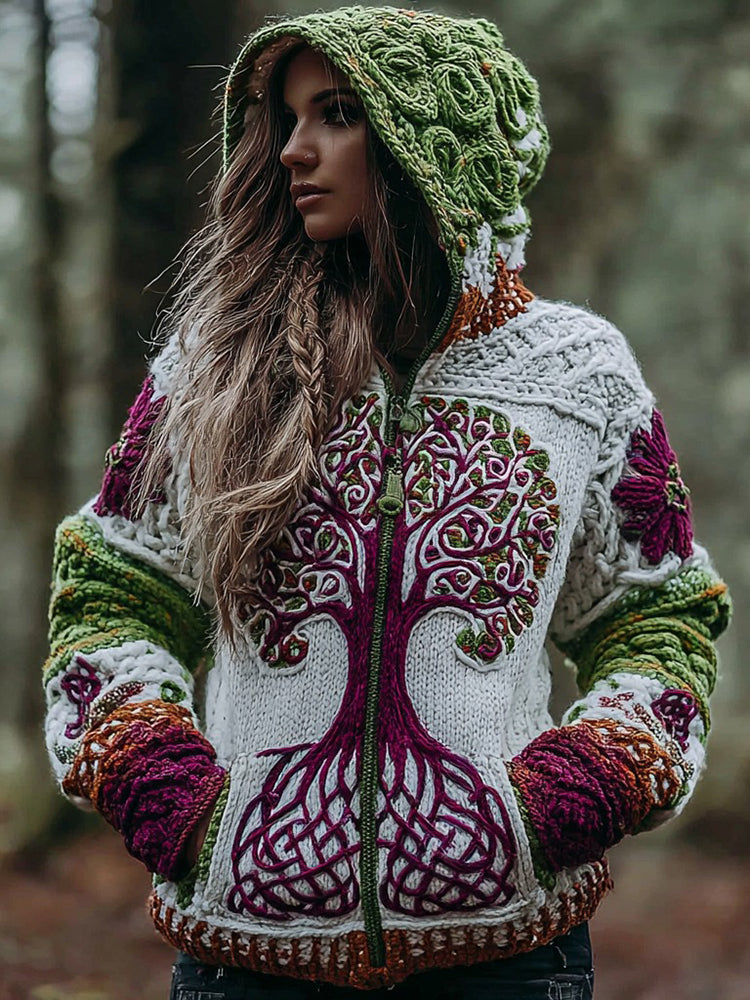Women's Vintage Viking Celtic Knot Tree Of Life Art Knitted Warm Zip Hooded Sweater