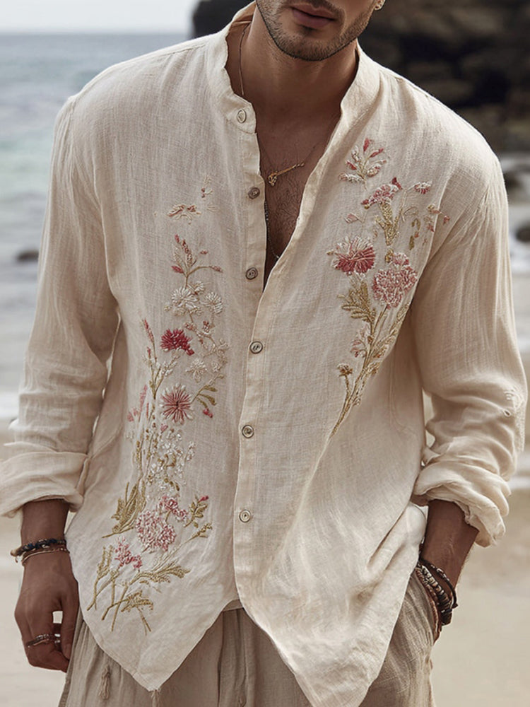 Men's Floral Embroidered Comfortable Linen Shirt