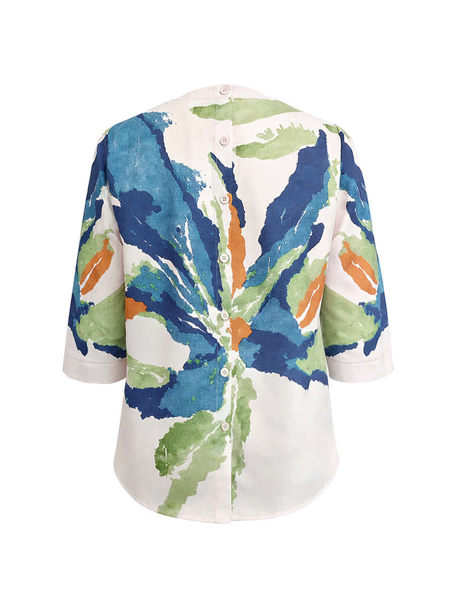 Half Sleeves Loose Buttoned Contrast Color Flower Print Round-neck T-Shirts Tops