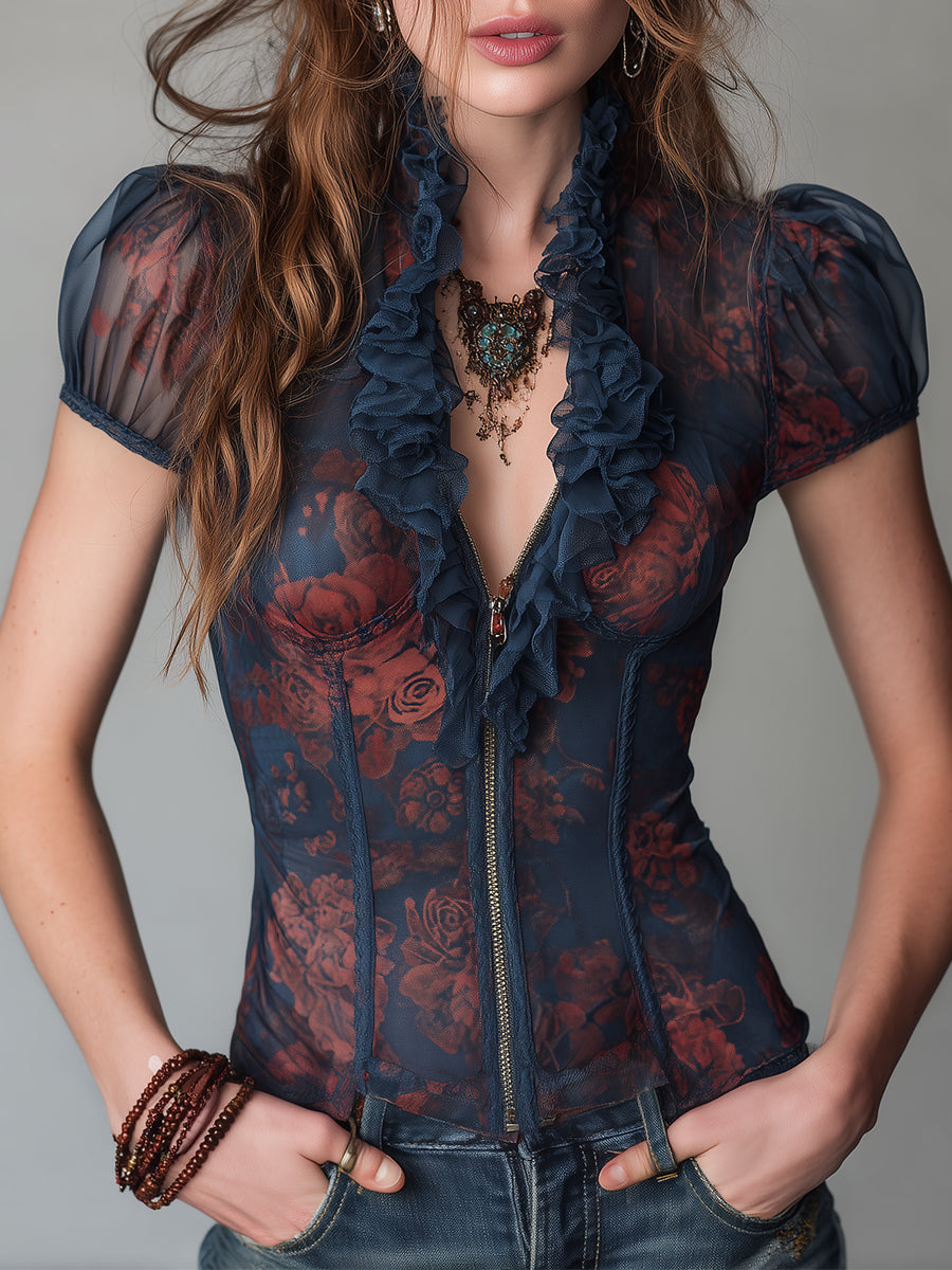 Vintage Mesh Printed Blouse With Ruffle Trim