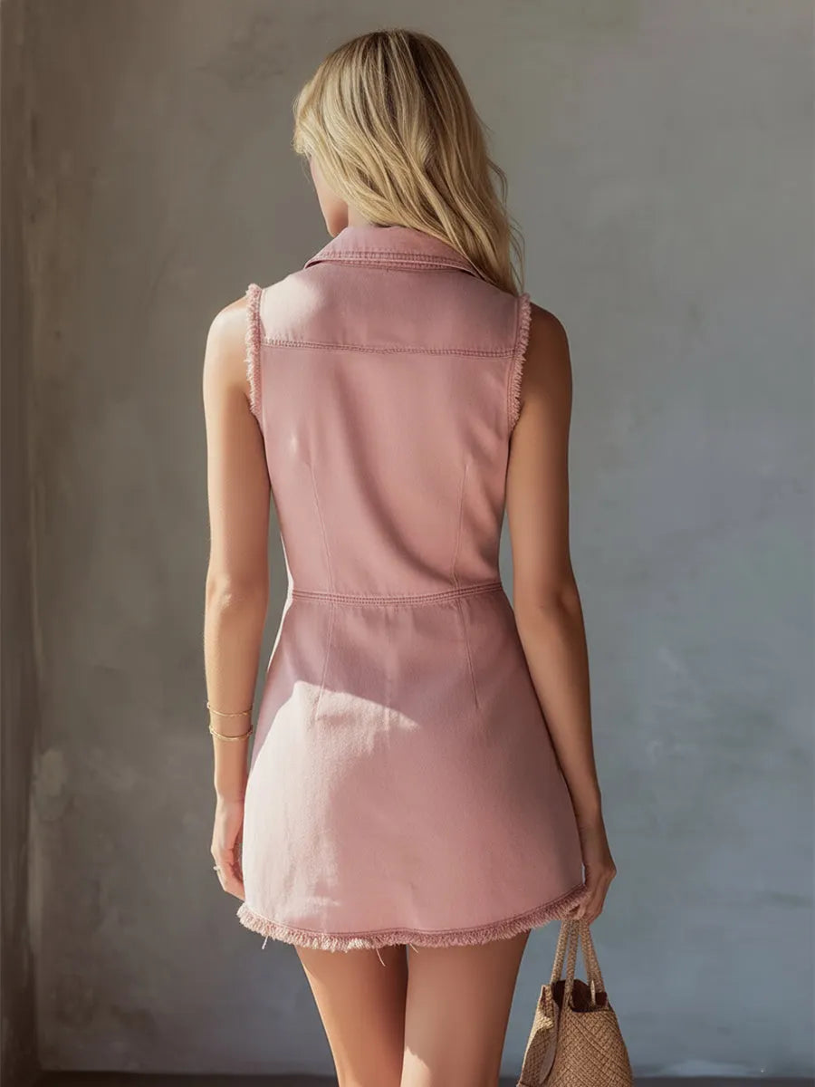 Retro-chic Pink Denim Frayed Front Button Sleeveless Mini Dress