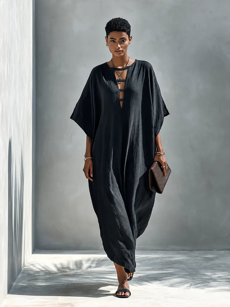 Women's Solid Black Linen Maxi Dress With Deep V-Neck And Slit MDZ0315G8ZRK