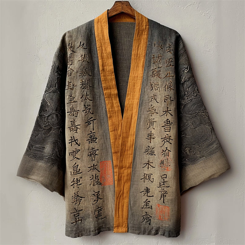 Japanese Ancient Calligraphy Art Faded Linen Kimono