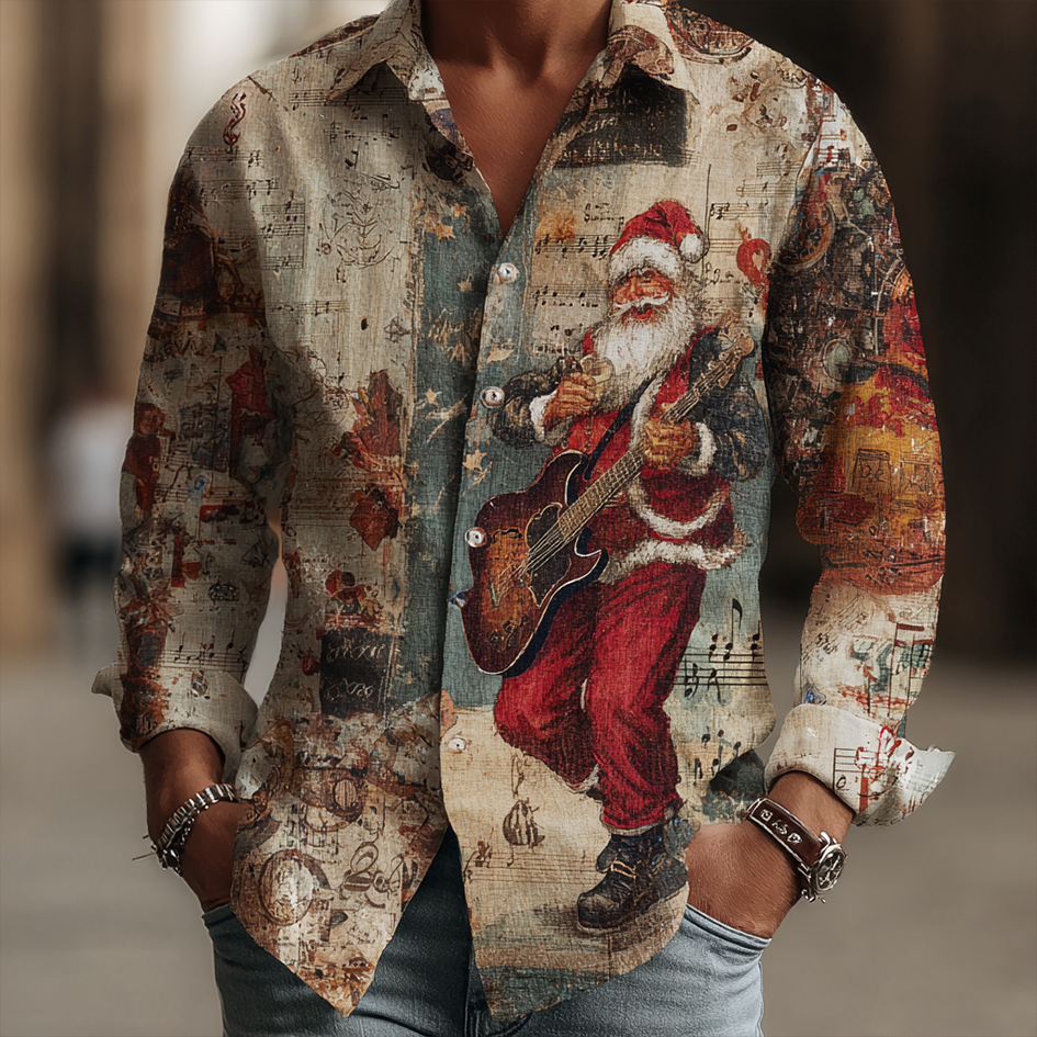 Retro Music Santa Claus Pattern Printed Men's Cotton And Linen Shirt