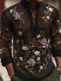 Men's Purple Embroidered Flower Casual Long-sleeved Shirt