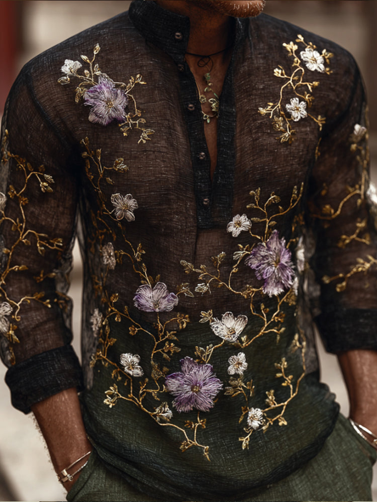 Men's Purple Embroidered Flower Casual Long-sleeved Shirt