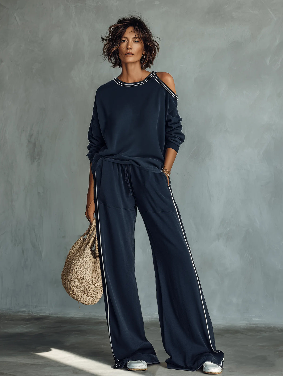 Women's Casual One-Shoulder Long-Sleeve Sweatshirt And Wide-Leg Pants Set MDZ3049F9WY