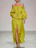 Women's Lime Green Cotton Two-Piece Set With Off Shoulder Puff Sleeve Drawstring Top & High Slit Maxi Skirt, Romantic Boho Summer Resort Outfit MDZ2308F4LYL
