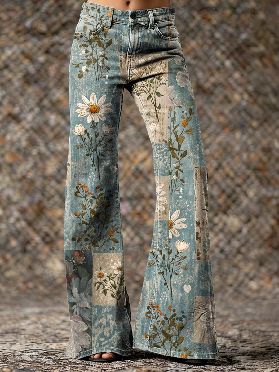 Women's Vintage Blue Collage Floral Daisy Hippie Art Printed Casual  Flared Pants