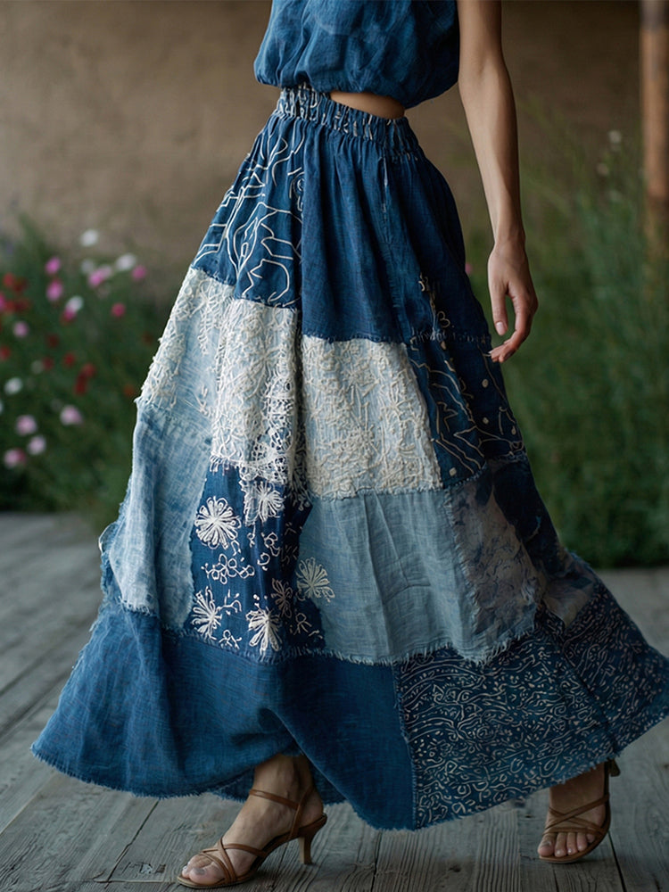 Women's Retro Floral Lace Embroidery Patchwork Art Linen Blend Casual Midi Skirt