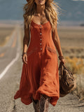 Western Bohemian Retro Orange-Red Cotton Linen Sleeveless Midi Dress