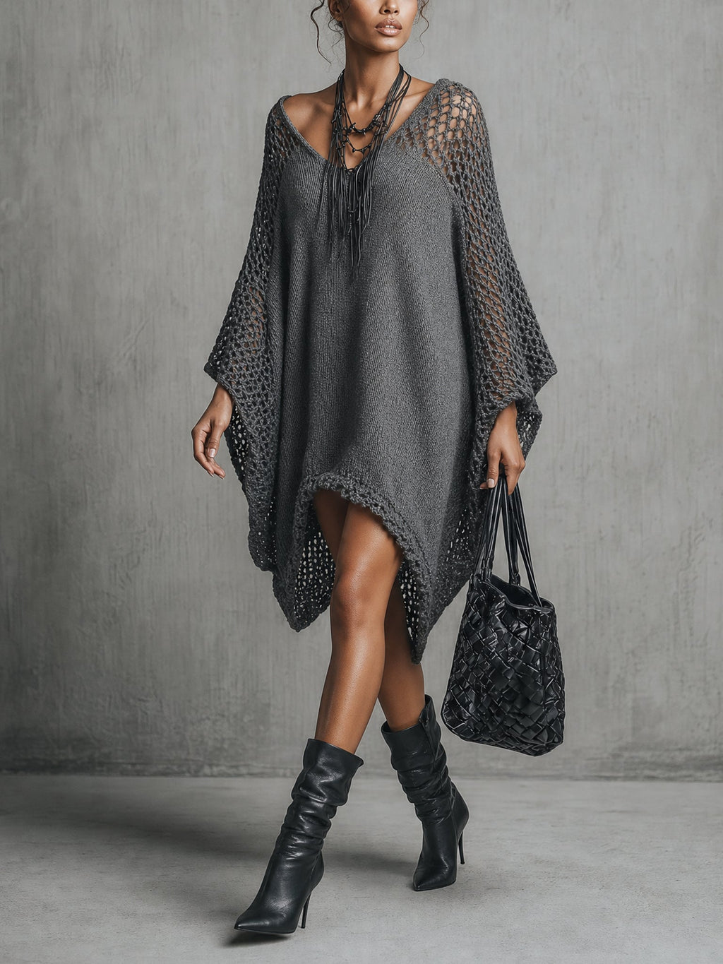 Gray Oversized Open Knit Midi Dress