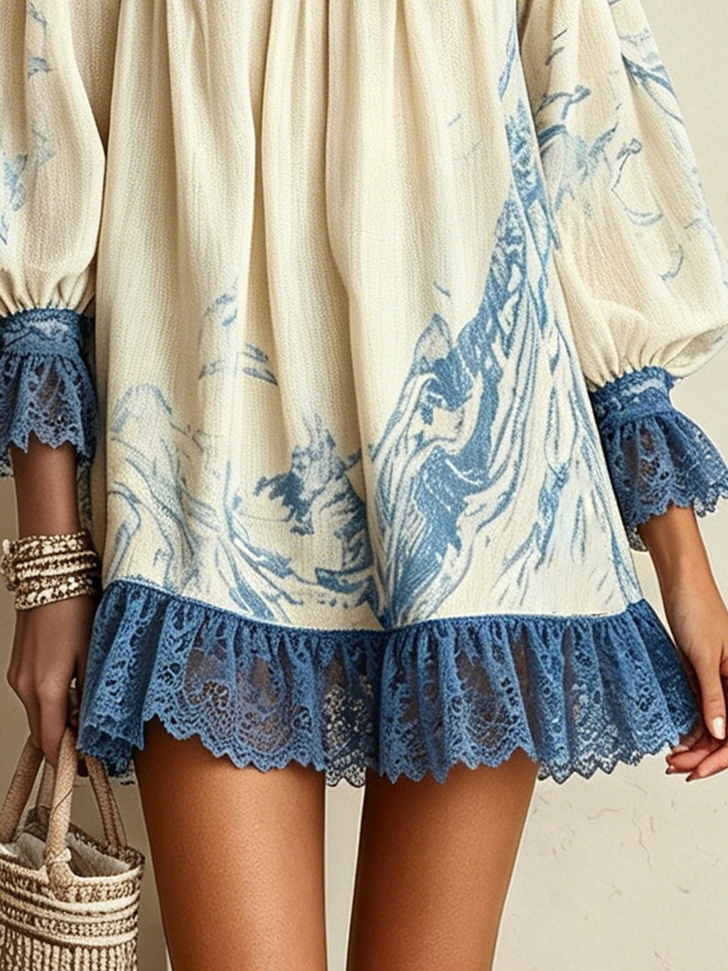 Off-Shoulder Cream And Blue Mini Dress With Lace Trim And Puff Sleeves