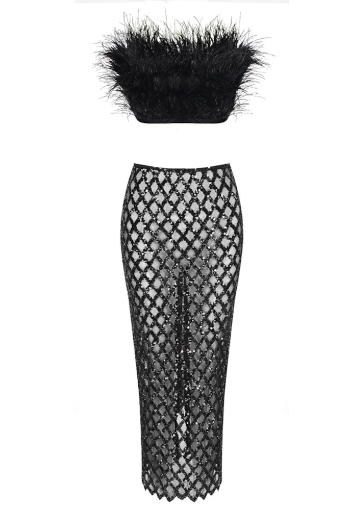 Strapless Feather Detail Midi Two Piece Dress Black