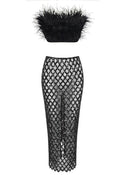 Strapless Feather Detail Midi Two Piece Dress Black
