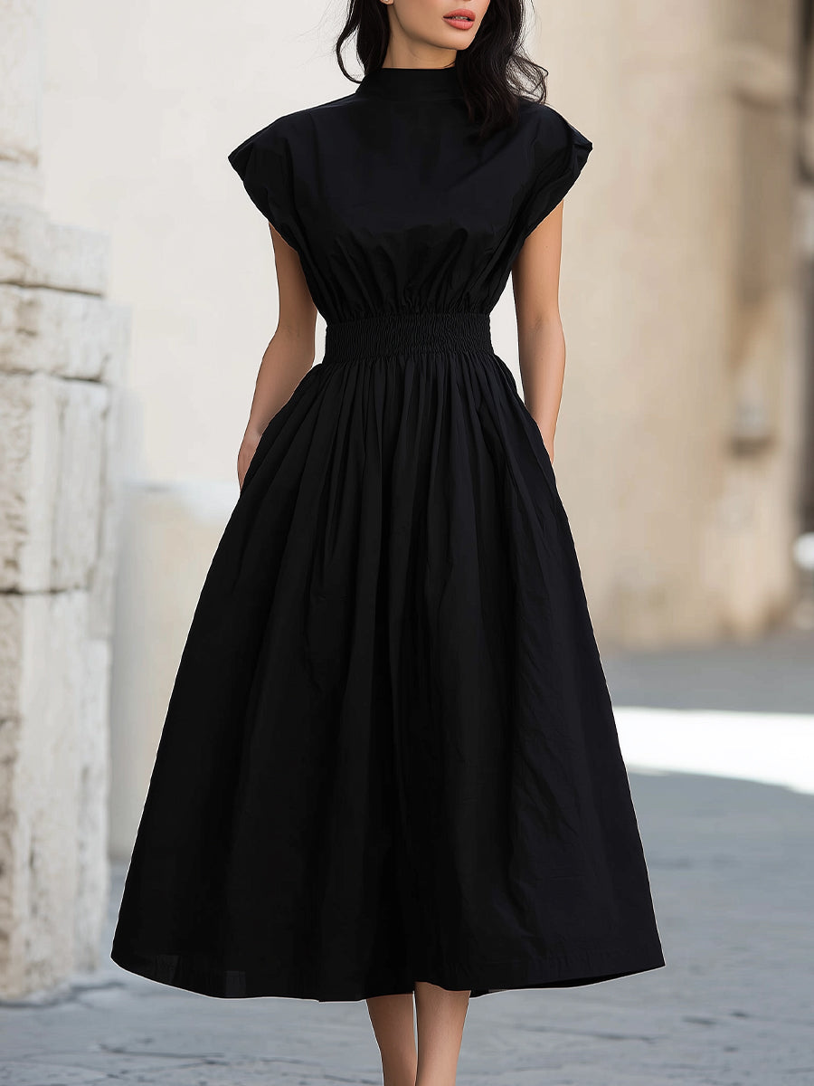 High Neck Smocked Waist Midi Dress
