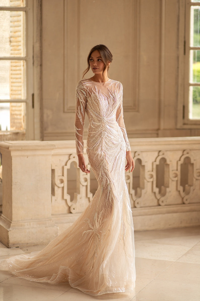Mermaid wedding dress CT-018 size 2 in stock, Cathedral wedding dress, Sparkle wedding dress, Long sleeves wedding dress