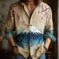 Japanese Style Mt. Fuji Gradient Pattern Men's Linen Long Sleeve Shirt
