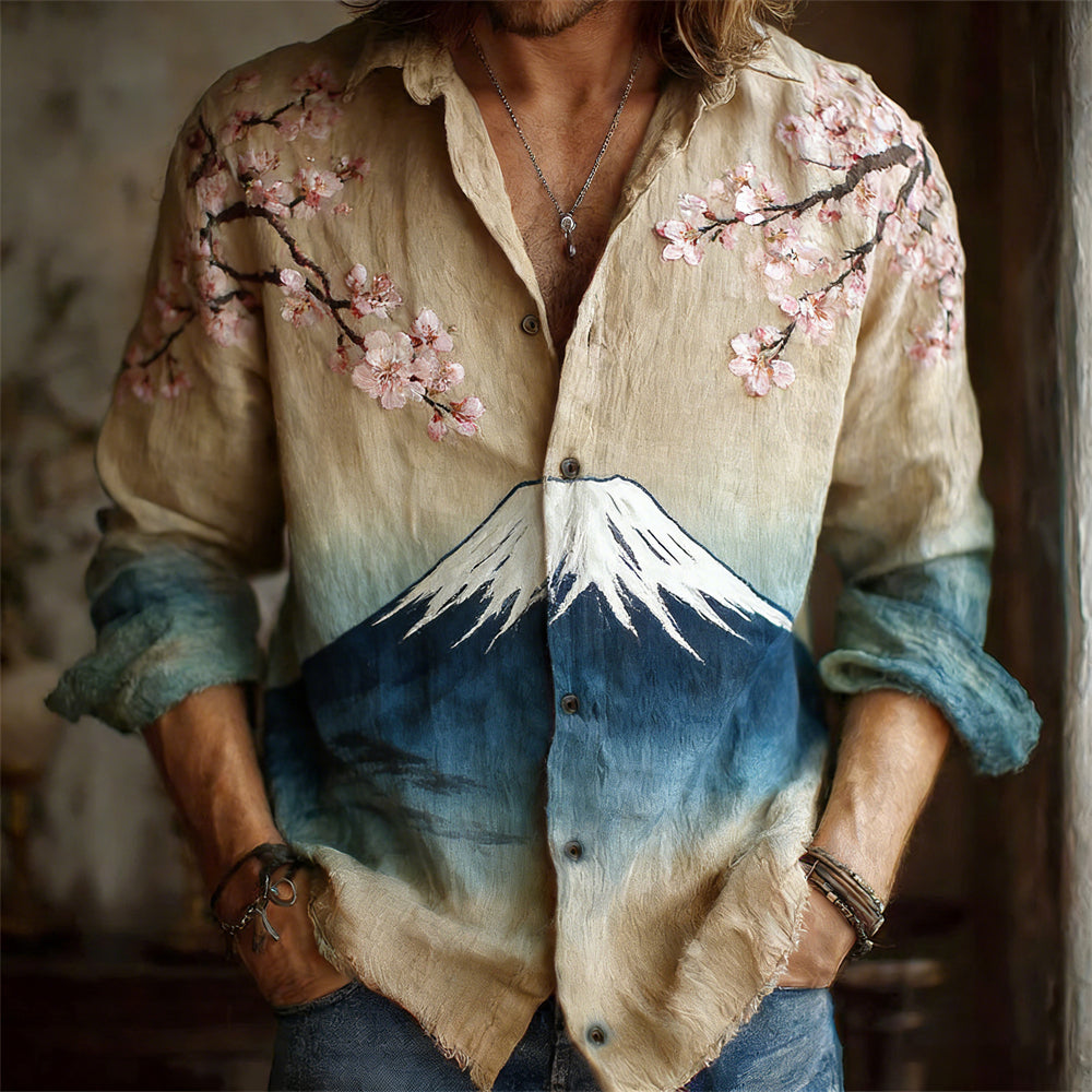 Japanese Style Mt. Fuji Gradient Pattern Men's Linen Long Sleeve Shirt