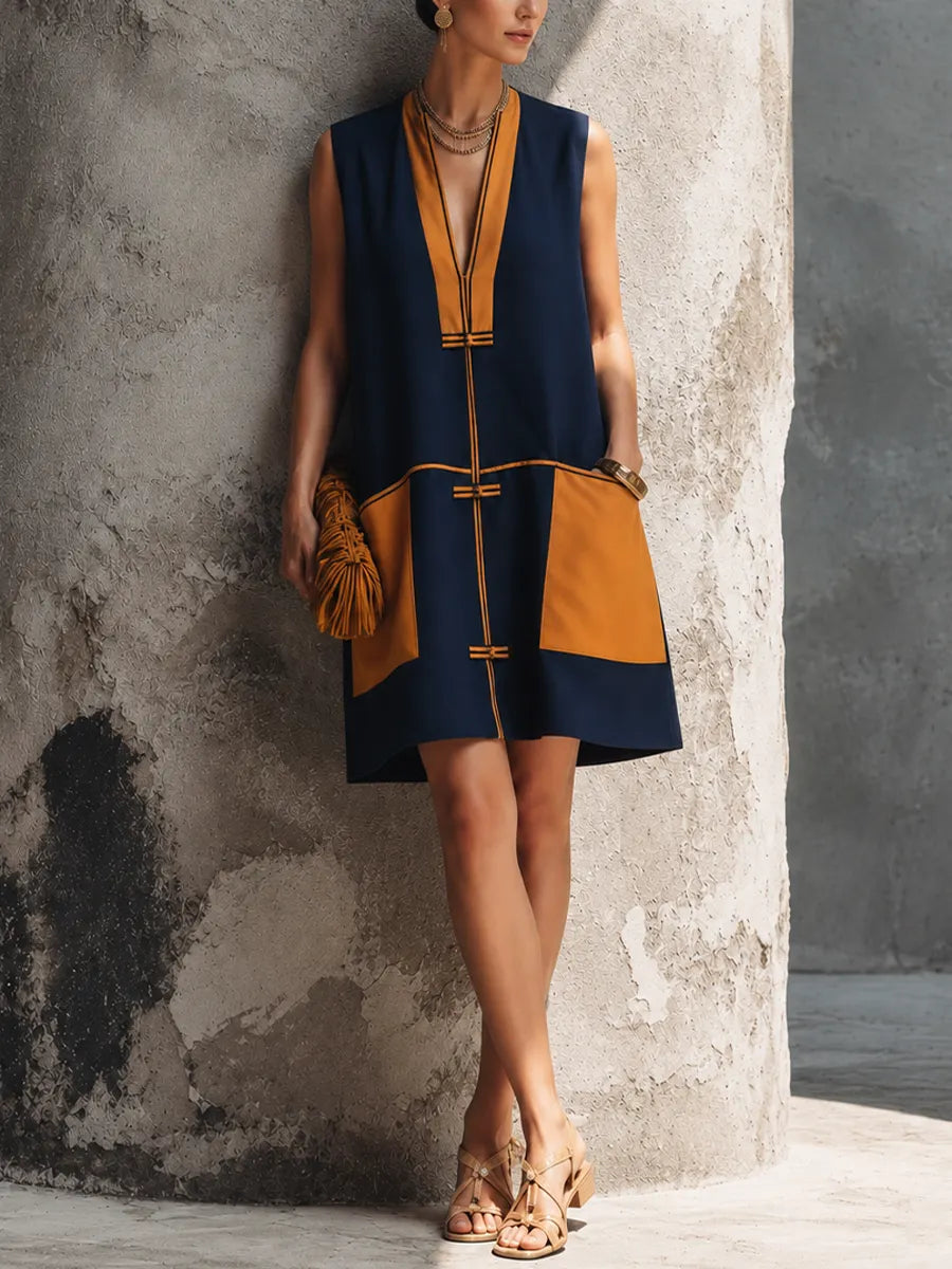 Women's Luxury Resort Style Navy Blue Cotton Blend Color Block Frog Button Sleeveless Mini Dress MDZ3005F3GMJ