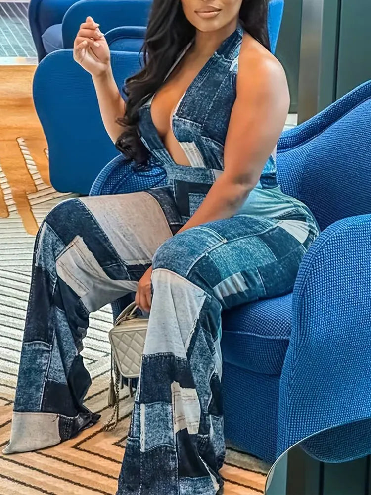 Women Halter-neck Patch Casual Denim Jumpsuit